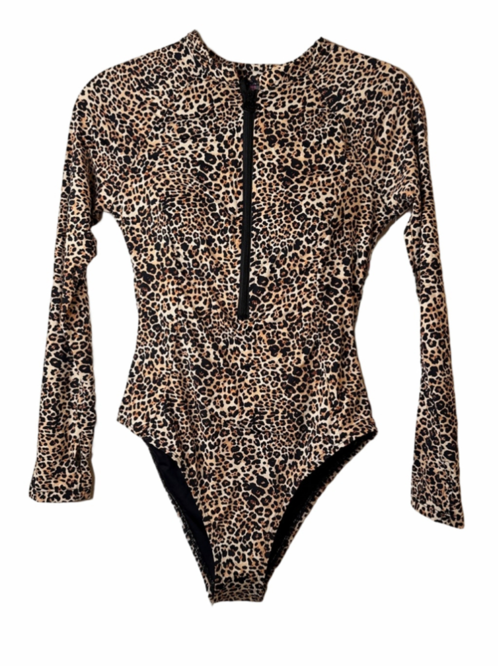NWT Betsey Johnson Leopard Print Long-Sleeve One-Piece Tan and Black swimsuit M